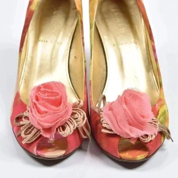 J. Crew Raffia Rose Printed Peep Toe Heels Golden Beach Size 7 - Picture 5 of 11